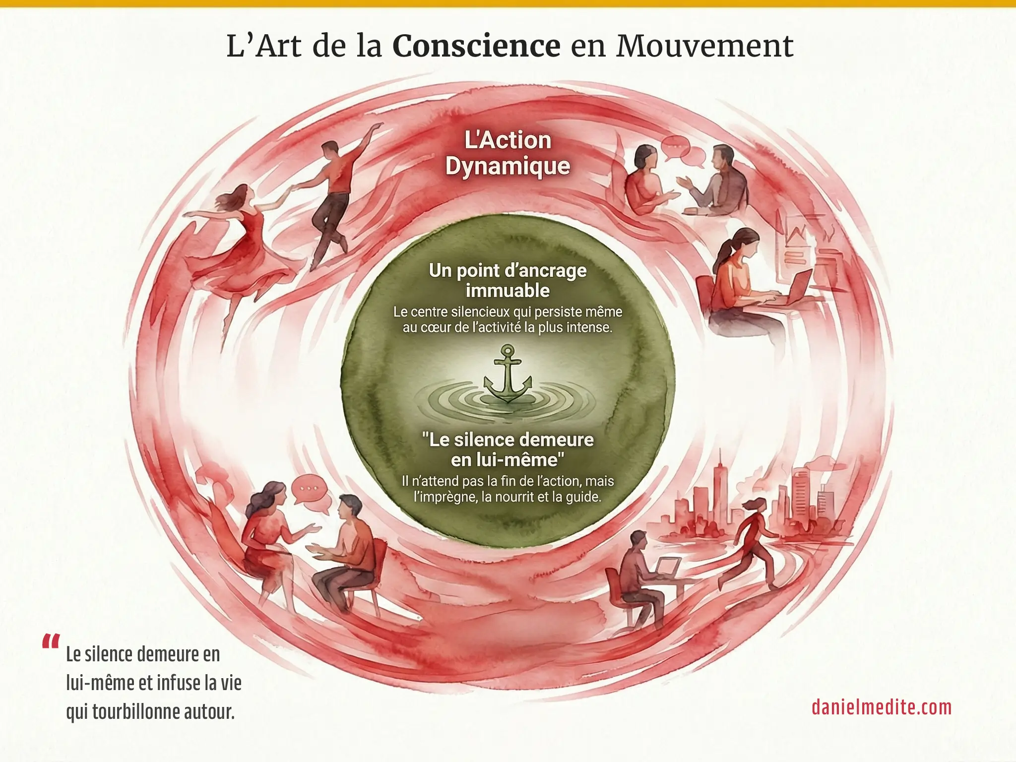 Méditation Transcendantale : Roue du silence intérieur (moyeu vert) stabilisant l'action dynamique (jante rouge).