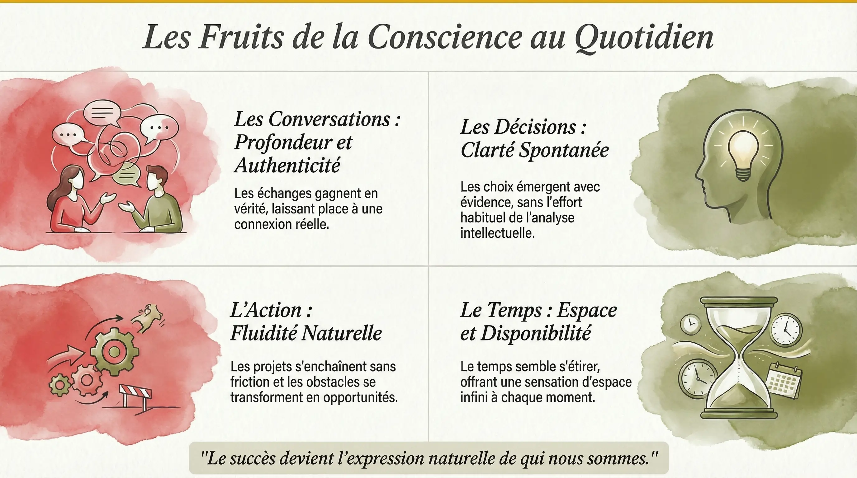 Fruits de la Méditation Transcendantale : Gauche (Rouge), Action et Conversations; Droite (Olive), pour Décisions et Temps
